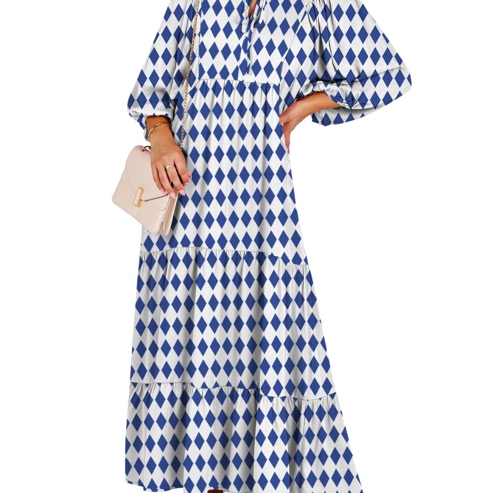 NWT Large Anrabess Women's Boho Maxi Summer V Neck Dress White Blue Diamond